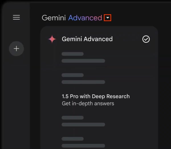 A black dashboard of Gemini Advanced 1.5 Pro with Deep Research enabled