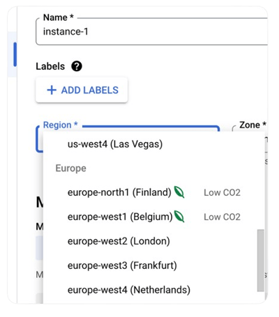 Google Cloud Low CO2 indicators in ​​location selectors