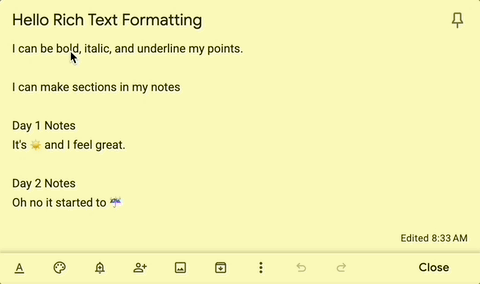 A gif with Google Keep's new formatting options