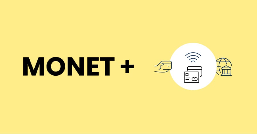 Monet plus logo on yellow background with simple illustration