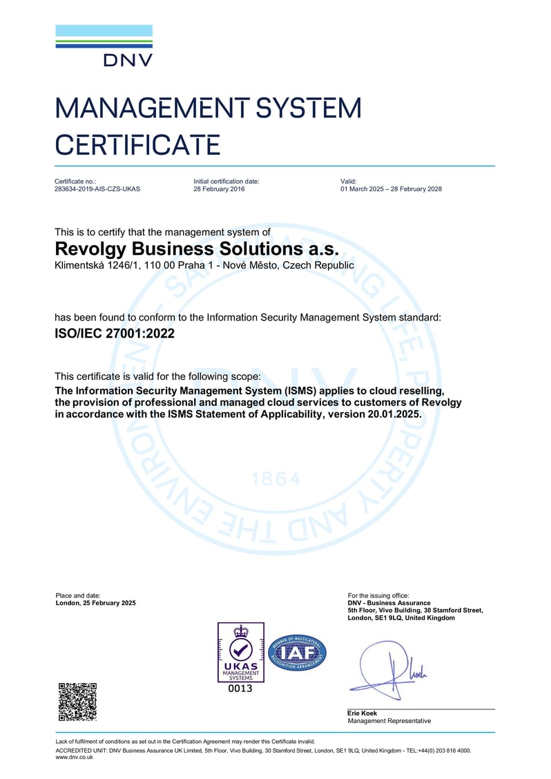 Revolgy ISO 27001 certificate EN (2025–2028)