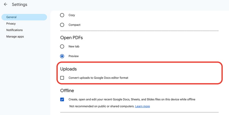 Turn on automatic file conversion in Google Drive screenshot