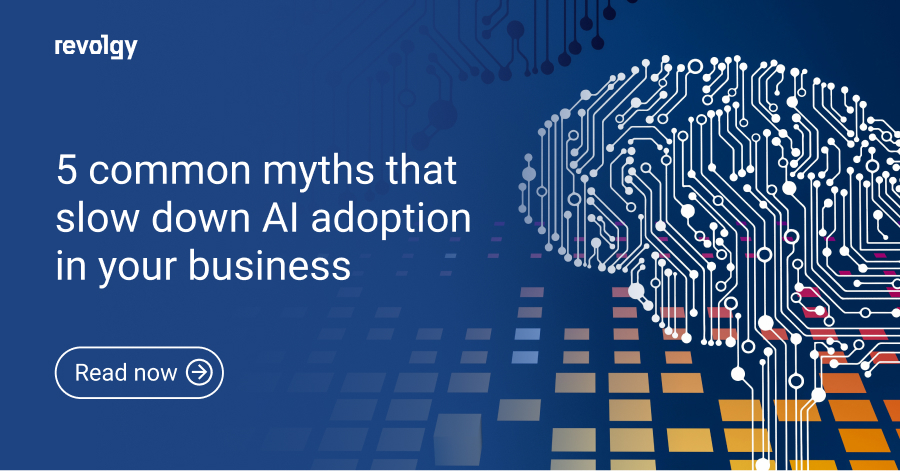 5 common myths that slow down AI adoption in your business on blue background