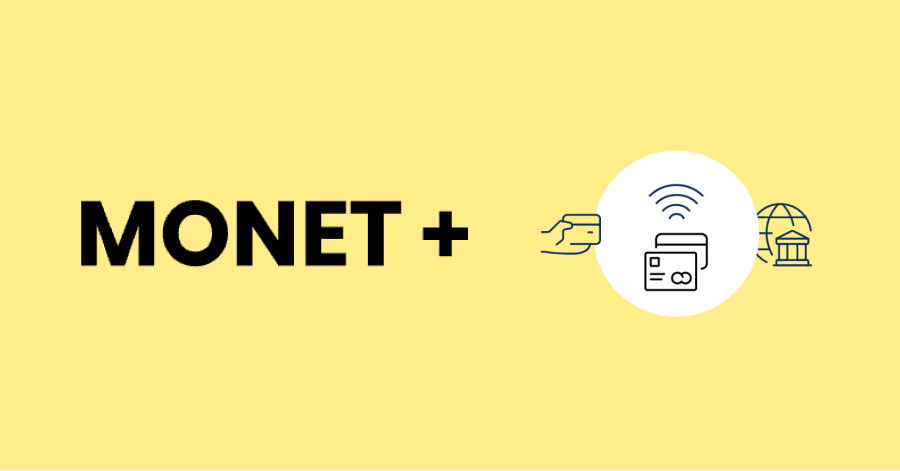 Monet plus logo on yellow background with simple illustration